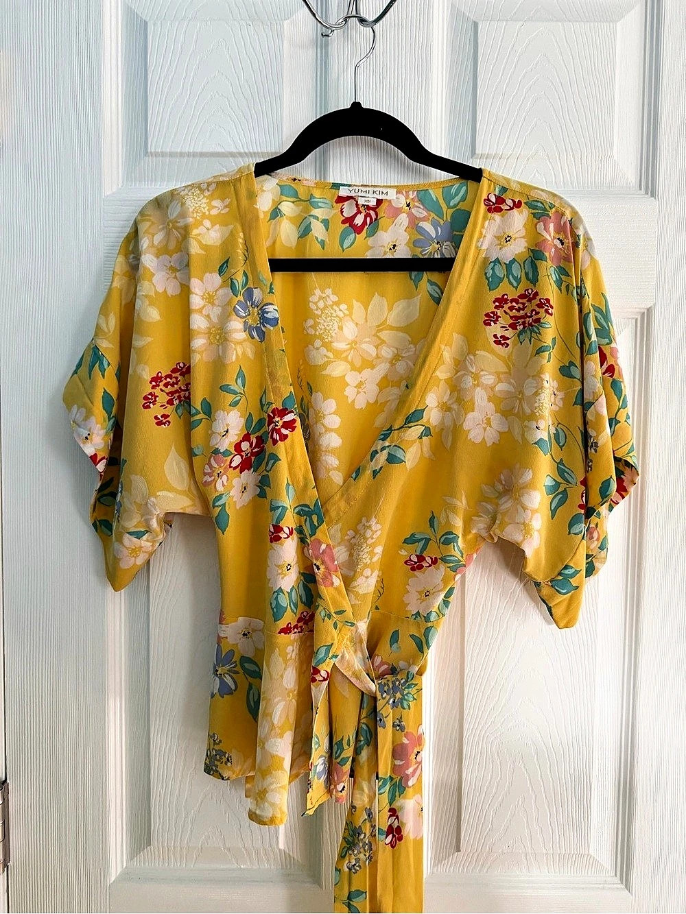Yumi Kim Floral Silk Wrap Blouse in Yellow Size XS Like New